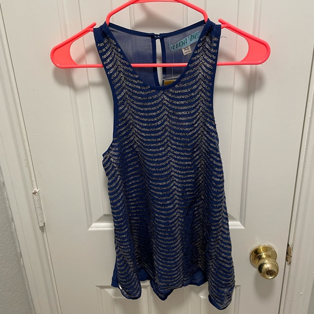 Francescas blue scalloped beaded tank top.